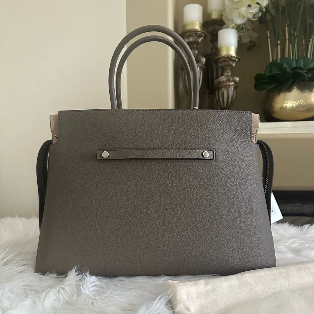 Tory Burch Mercer Large Pebbled Leather Satchel Bag Elegant Tan